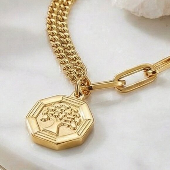 18K Gold Plated Stainless Steel Tree of Life Charm Paperclip Chain Bracelet - Picture 11 of 15